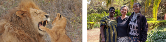 Löwen Mutter mit Kind, Fotograf Volker David und rechts Margarete Kern mit Frauen aus dem Partnerdekanat Karatu in Nordtansania